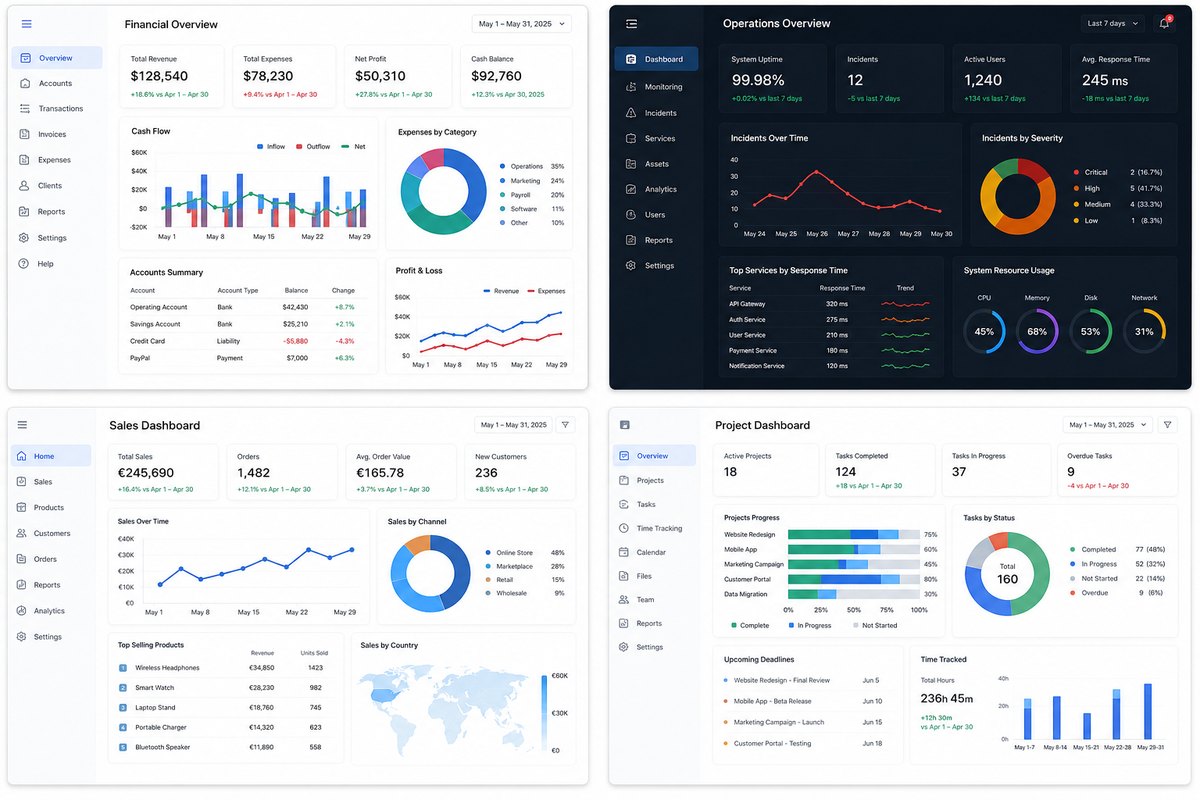 A series of sample dashboards.