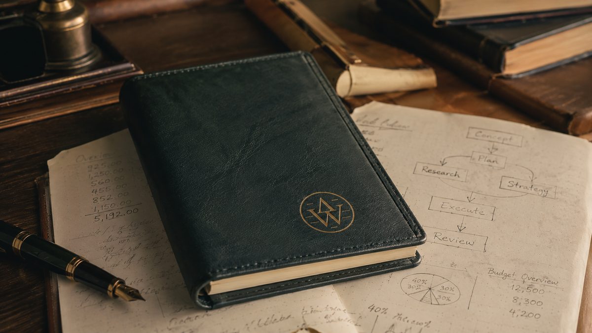 A branded notebook over design drawings.