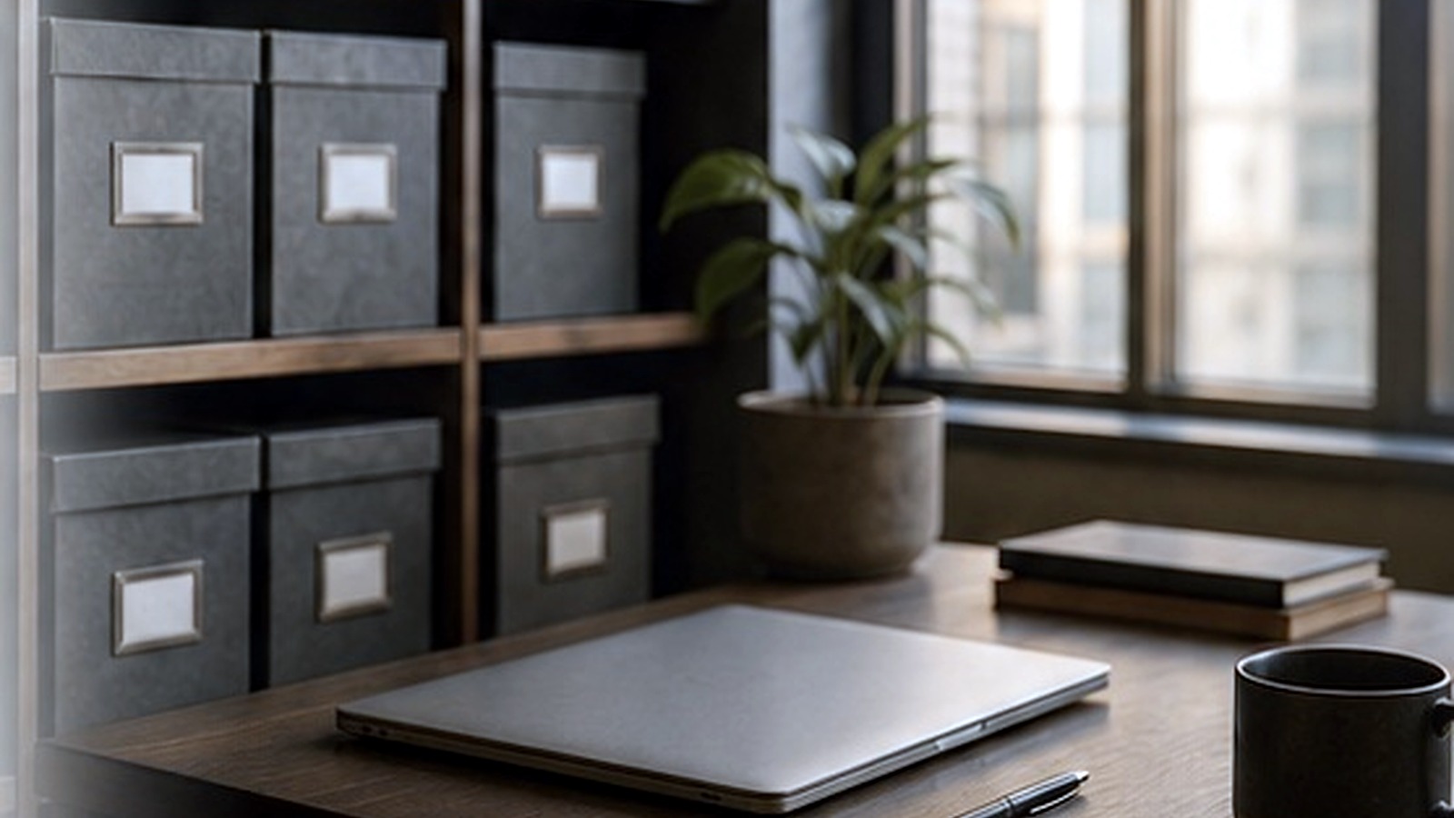 Laptop on desk with file storage boxes on shelves.